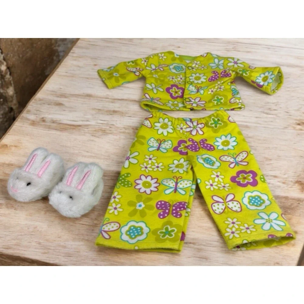 Lime Green Flower & Butterfly Doll Pajamas With Bunny Slippers Fits 18